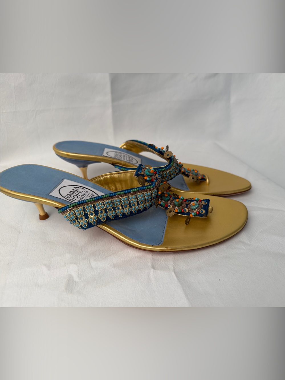 Emma Hope Gold & Blue Embellished Thong Sandals
